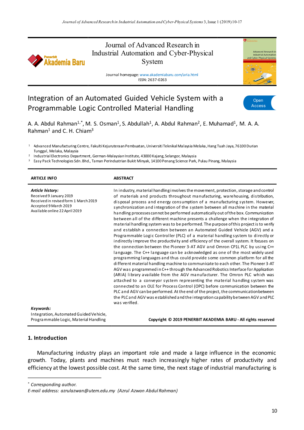 Integration of an Automated Guided Vehicle System with a Open Access Programmable Logic Controlled Material Handling