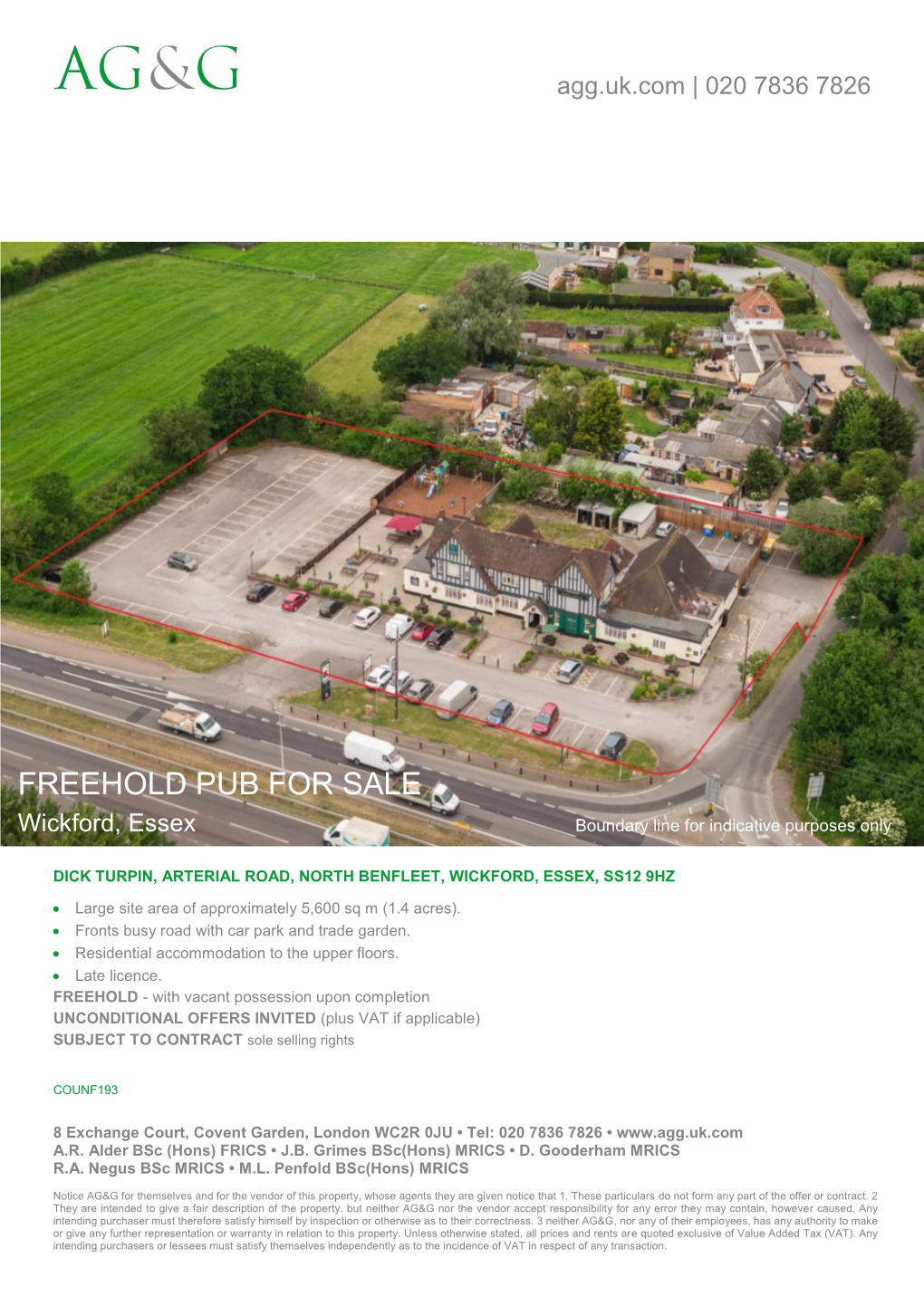 FREEHOLD PUB for SALE Wickford, Essex Boundary Line for Indicative Purposes Only