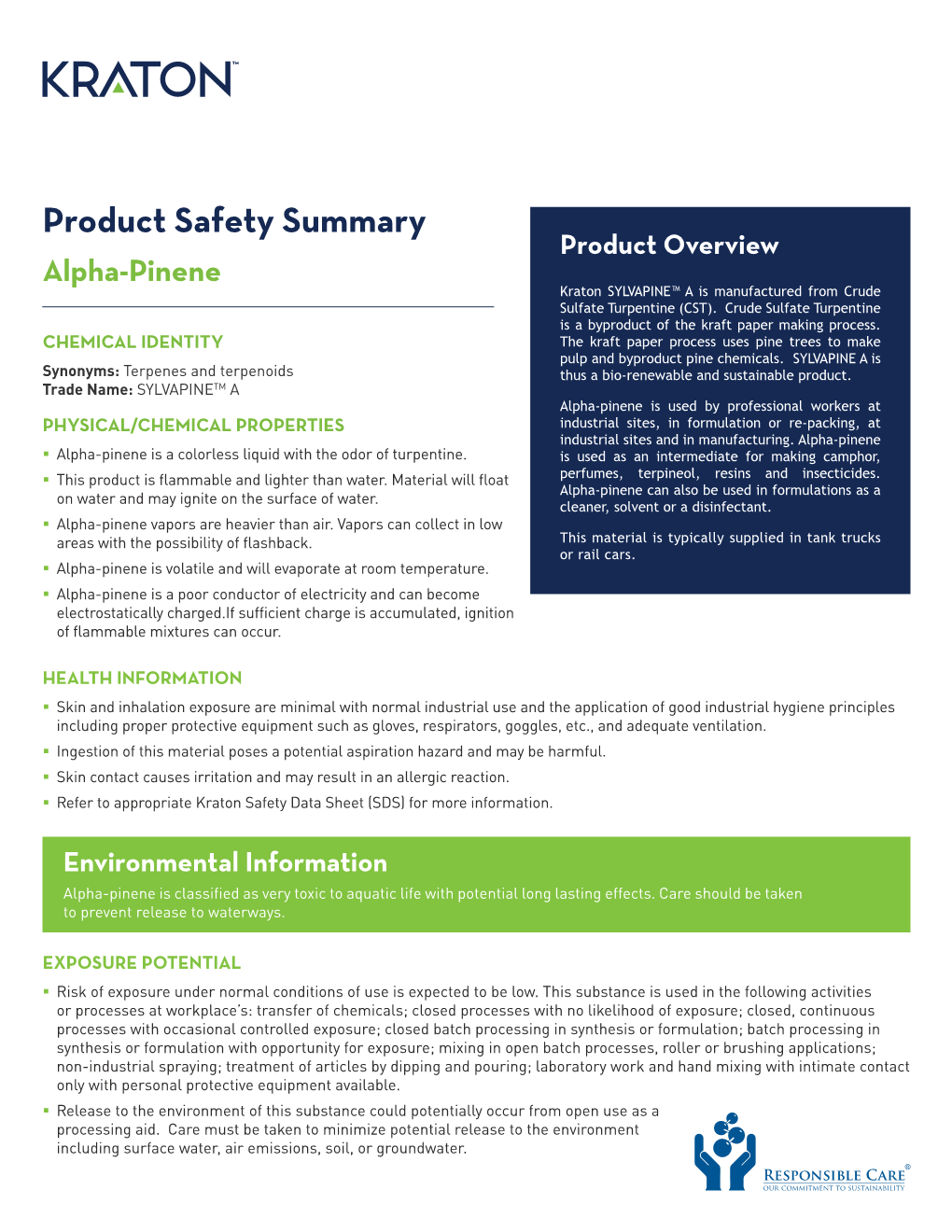 Alpha-Pinene Kraton SYLVAPINE™ a Is Manufactured from Crude Sulfate Turpentine (CST)