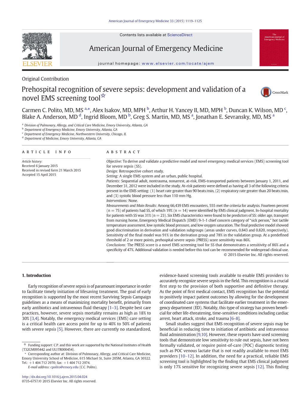 Prehospital Recognition of Severe Sepsis: Development and Validation of a ☆ Novel EMS Screening Tool