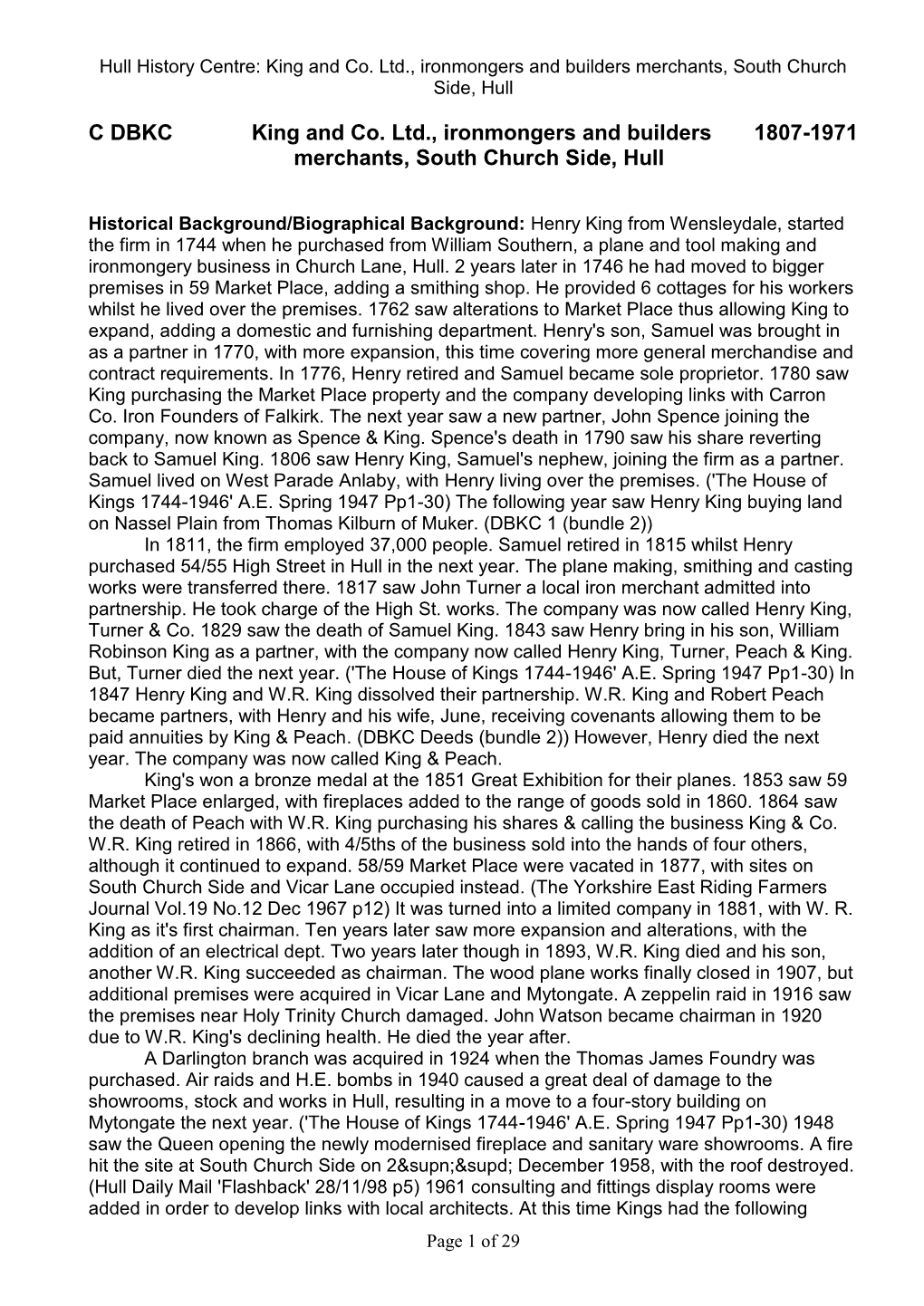C DBKC King and Co. Ltd., Ironmongers and Builders 1807-1971 Merchants, South Church Side, Hull