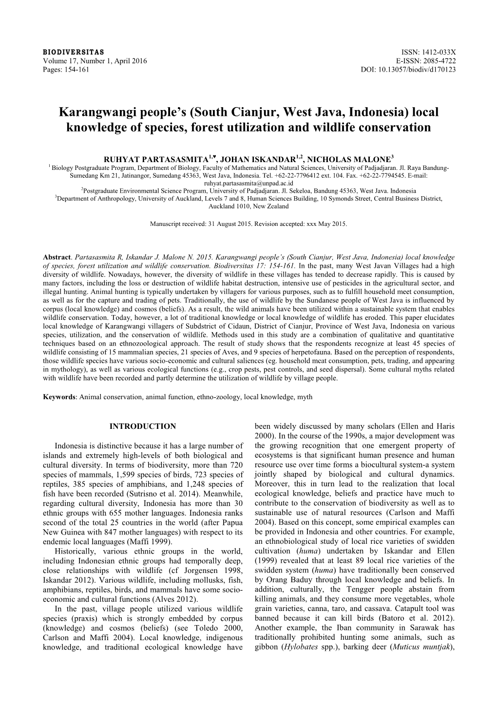 (South Cianjur, West Java, Indonesia) Local Knowledge of Species, Forest Utilization and Wildlife Conservation