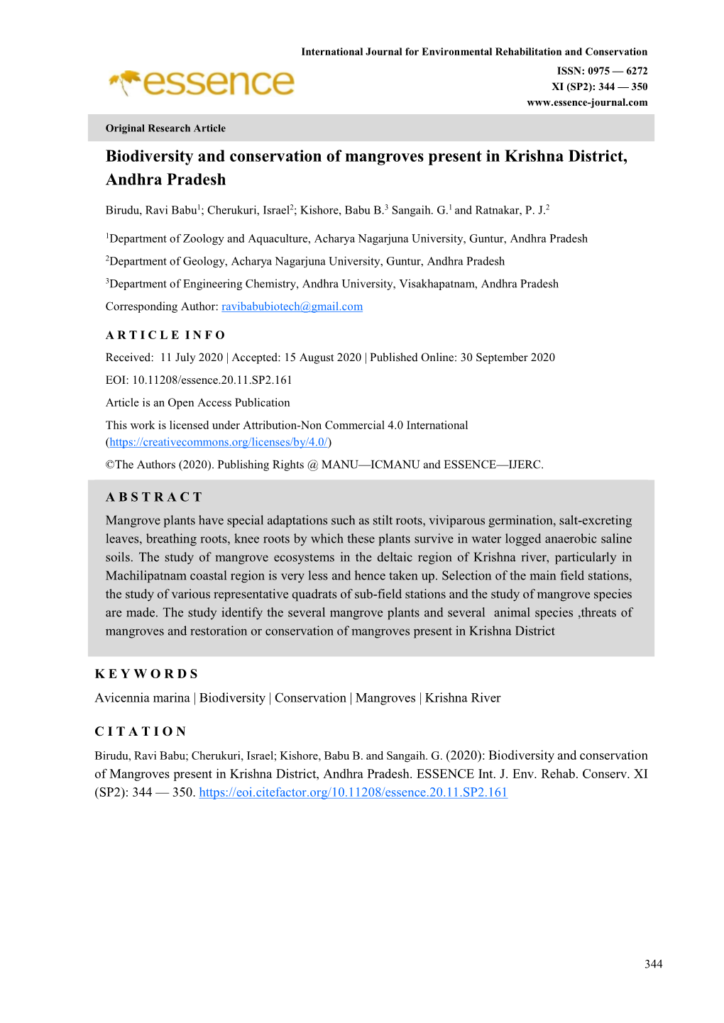 Biodiversity and Conservation of Mangroves Present in Krishna District, Andhra Pradesh