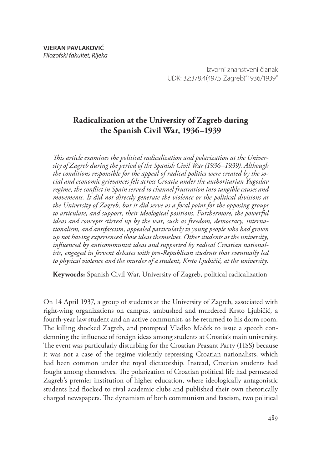 Radicalization at the University of Zagreb During the Spanish Civil War, 1936–1939