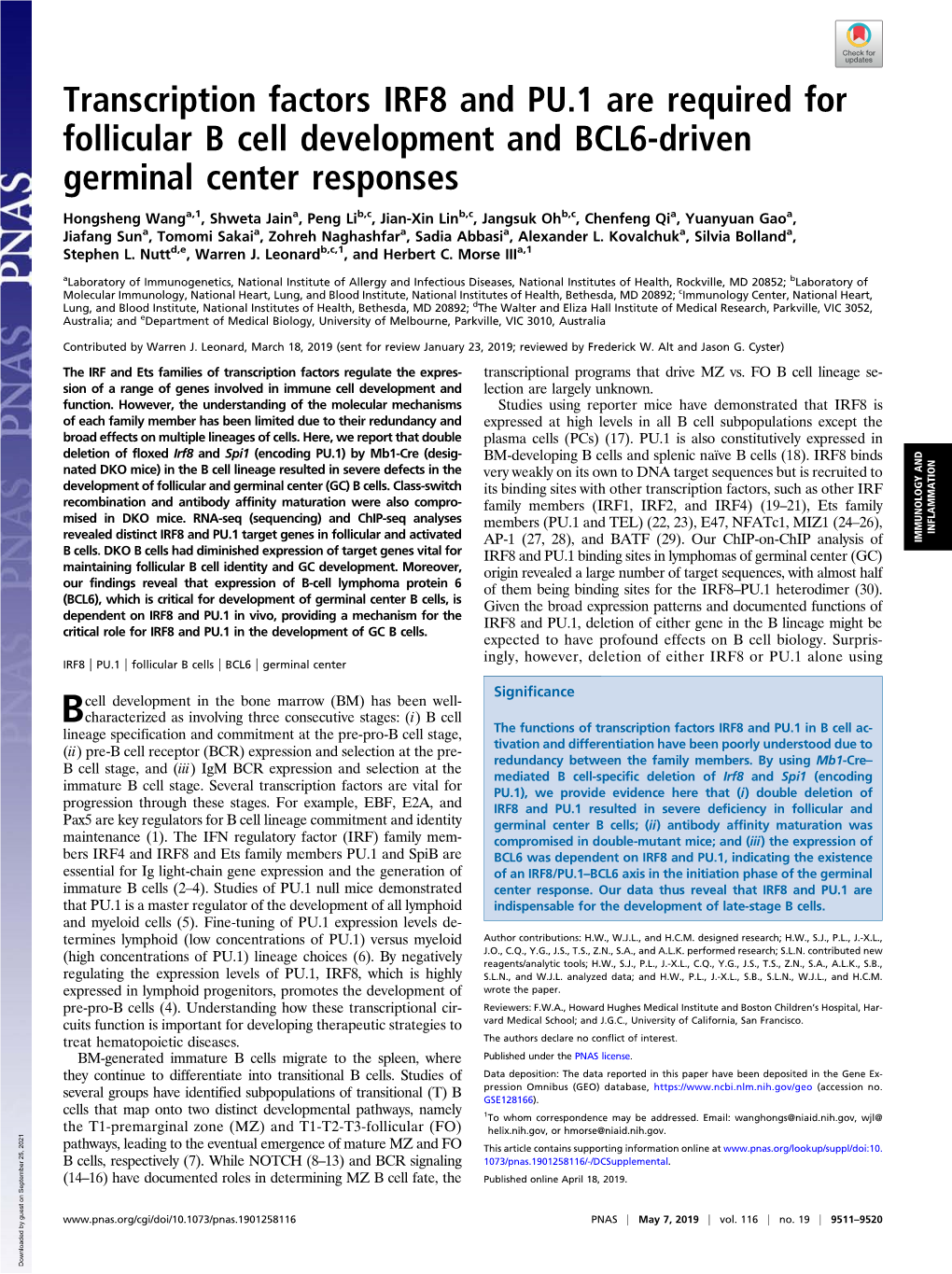 Transcription Factors IRF8 and PU.1 Are Required for Follicular B Cell Development and BCL6-Driven Germinal Center Responses