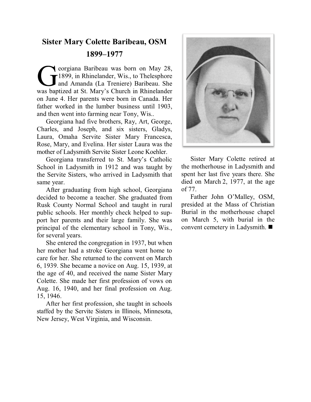 Sister Mary Colette Baribeau, OSM 1899–1977