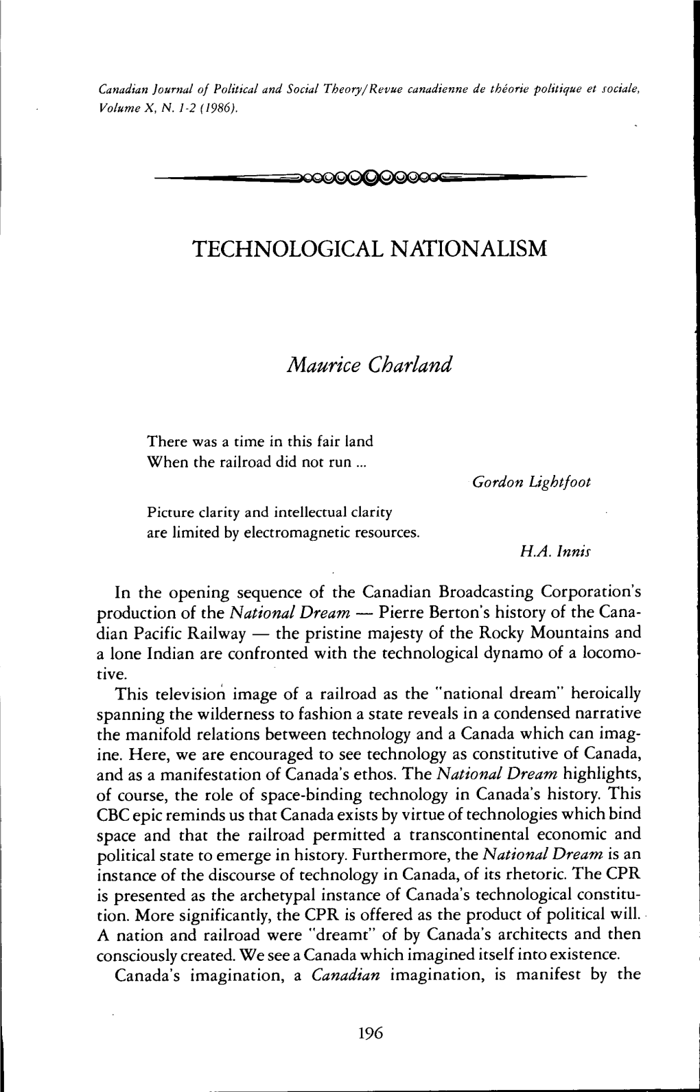 TECHNOLOGICAL NATIONALISM Maurice Charland