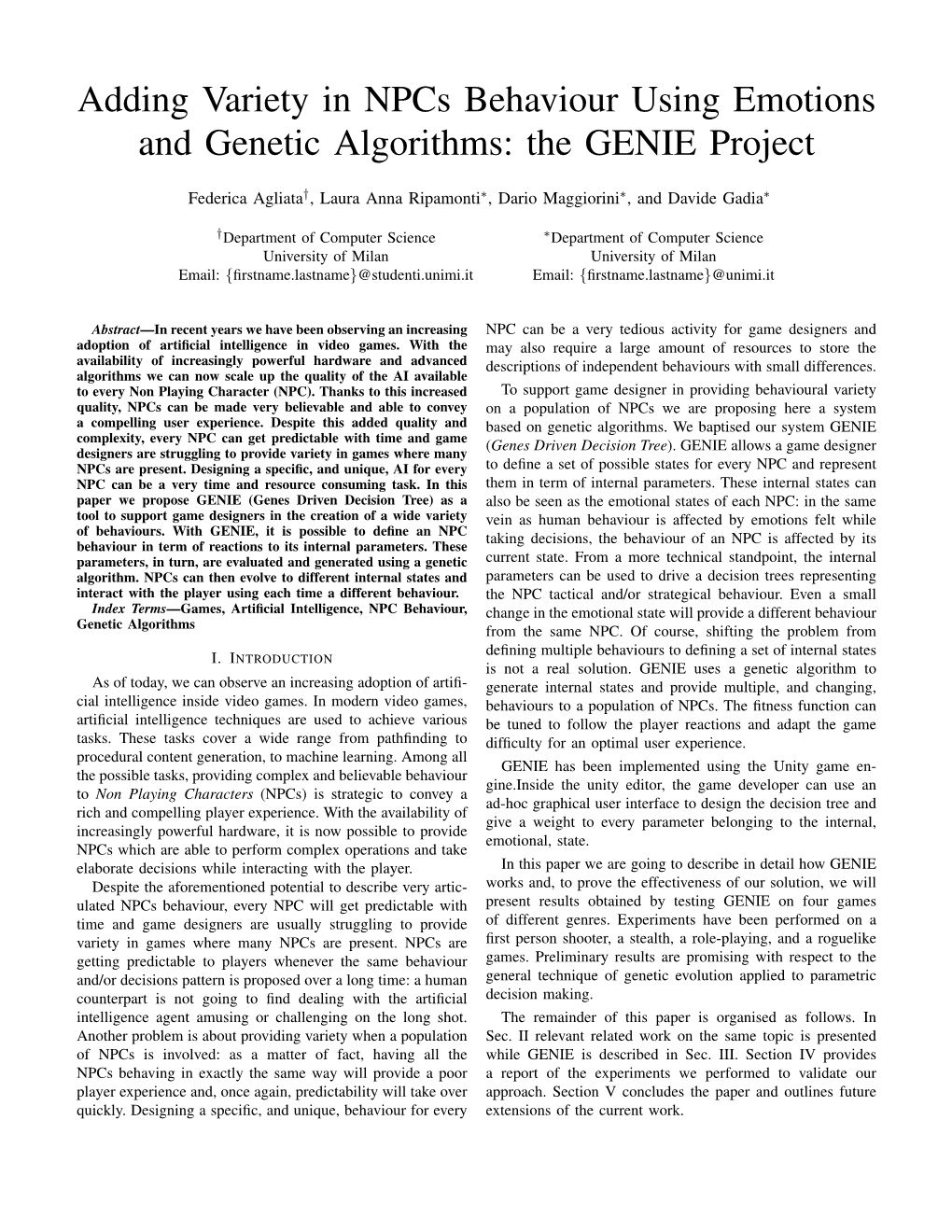 Adding Variety in Npcs Behaviour Using Emotions and Genetic Algorithms: the GENIE Project
