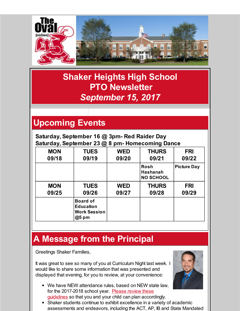 Shaker Heights High School PTO Newsletter September 15, 2017 Upcoming Events a Message from the Principal