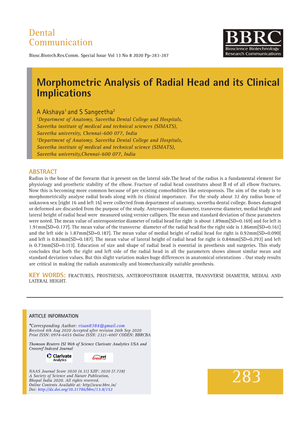 Morphometric Analysis of Radial Head and Its Clinical Implications