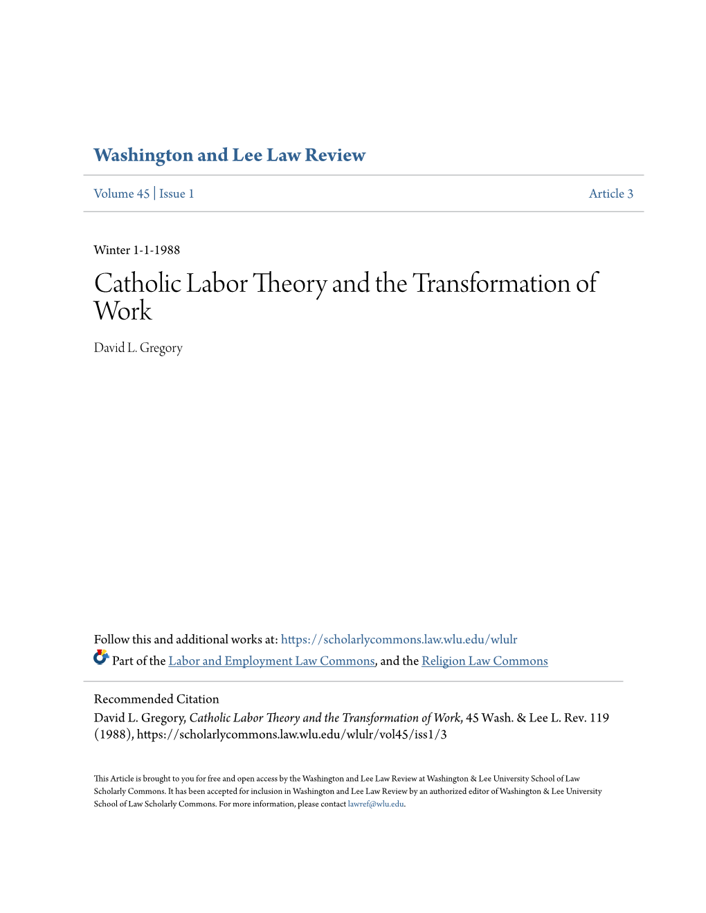 Catholic Labor Theory and the Transformation of Work David L