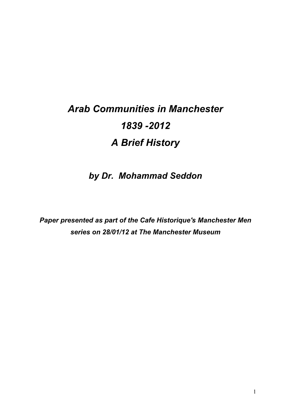 Arab Communities in Manchester1839 -2012: a Brief History