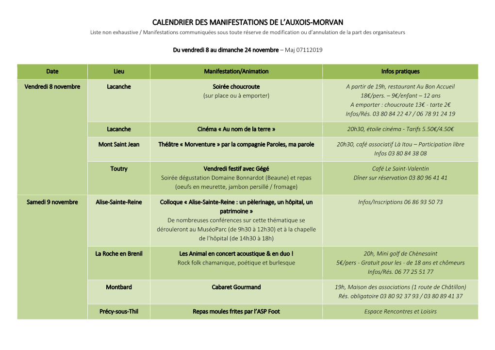 Calendrier Des Manifestations De L'auxois