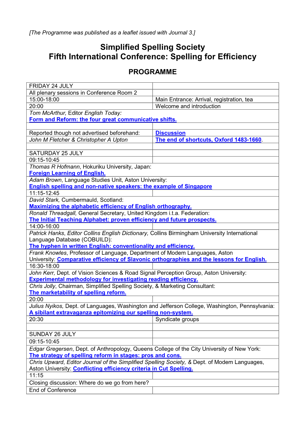 Fifth International Conference of the Simplified Spelling Society 1987