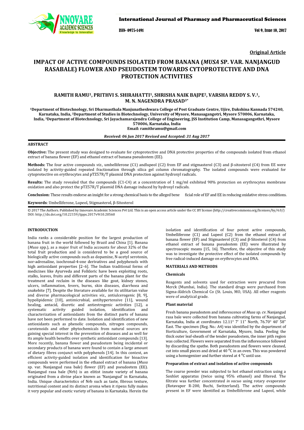 Musa Sp. Var. Nanjangud Rasabale) Flower and Pseudostem Towards Cytoprotective and Dna Protection Activities