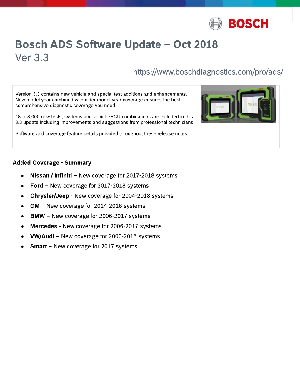 Bosch ADS Software Update – Oct 2018 Ver 3.3