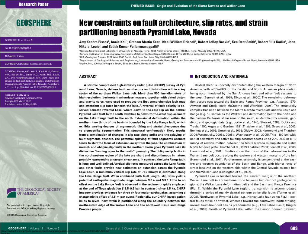 New Constraints on Fault Architecture, Slip Rates, and Strain Partitioning Beneath Pyramid Lake, Nevada GEOSPHERE; V