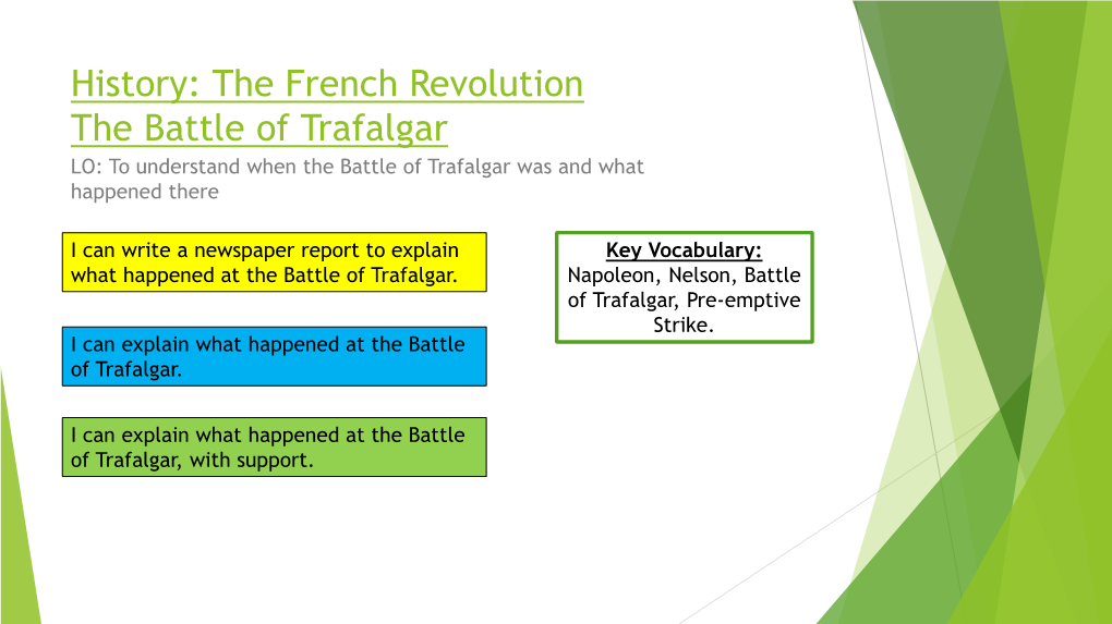 History: the French Revolution the Battle of Trafalgar LO: to Understand When the Battle of Trafalgar Was and What Happened There