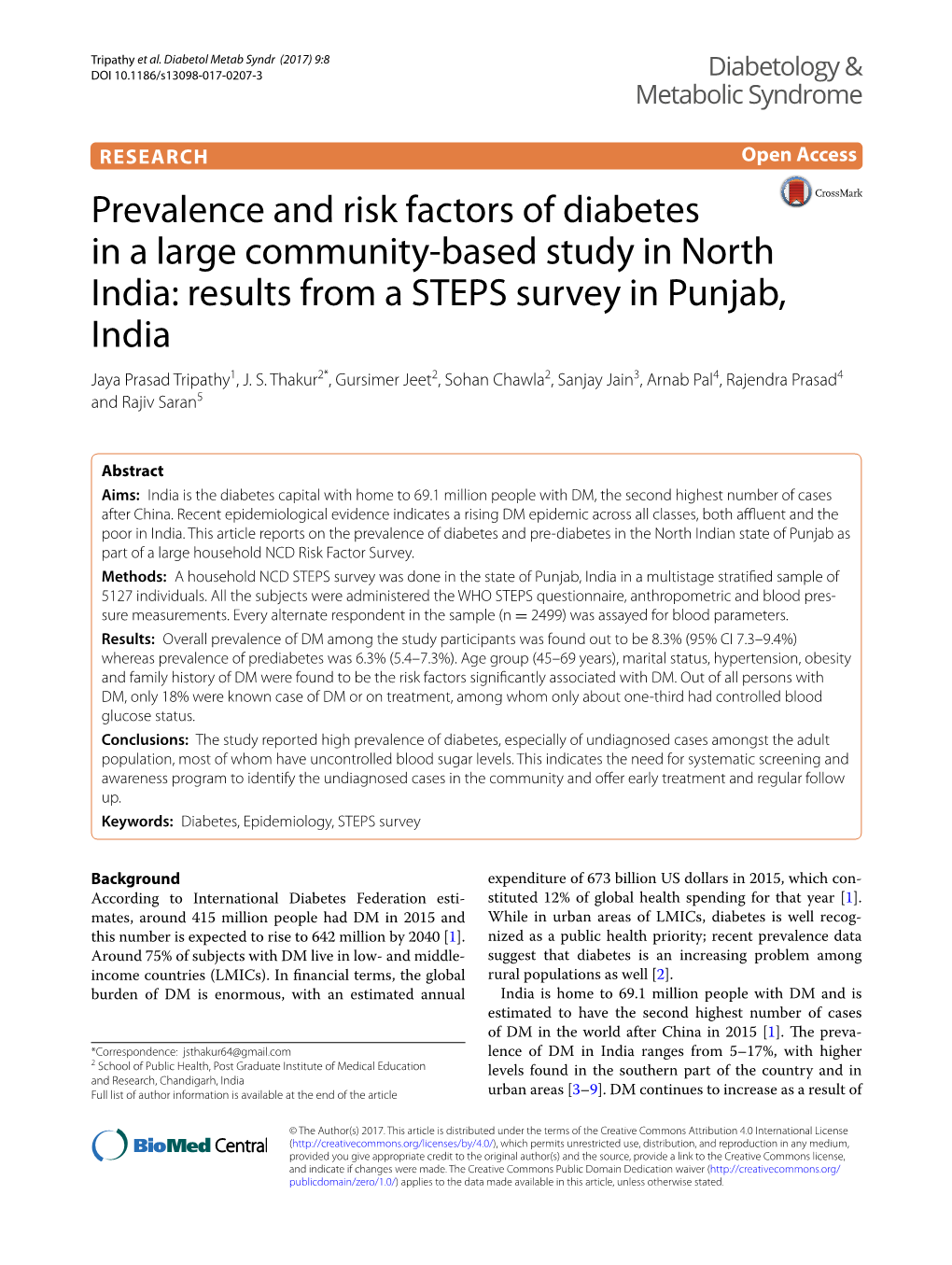 Prevalence and Risk Factors of Diabetes in a Large Community‑Based Study in North India: Results from a STEPS Survey in Punjab, India Jaya Prasad Tripathy1, J