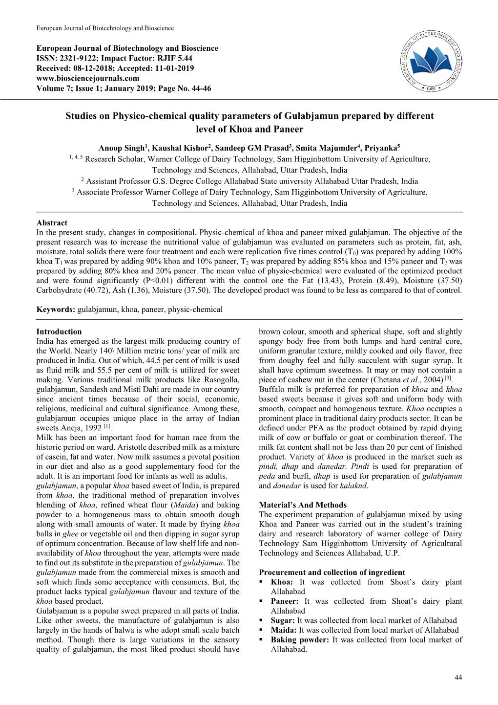 Studies on Physico-Chemical Quality Parameters of Gulabjamun Prepared by Different Level of Khoa and Paneer