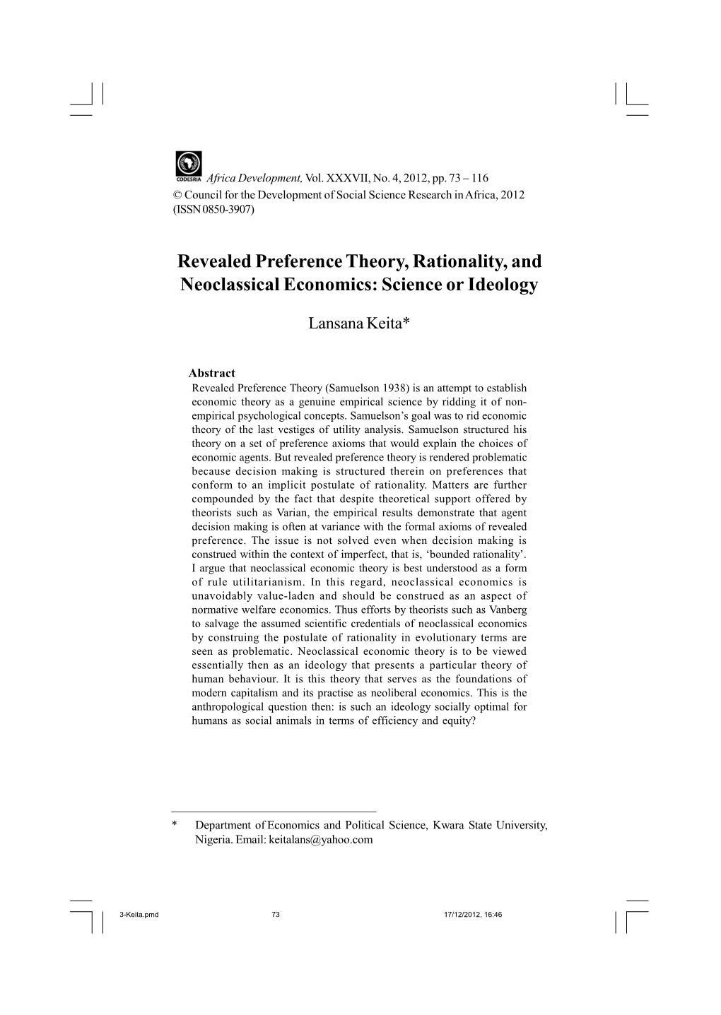 Revealed Preference Theory, Rationality, and Neoclassical Economics: Science Or Ideology