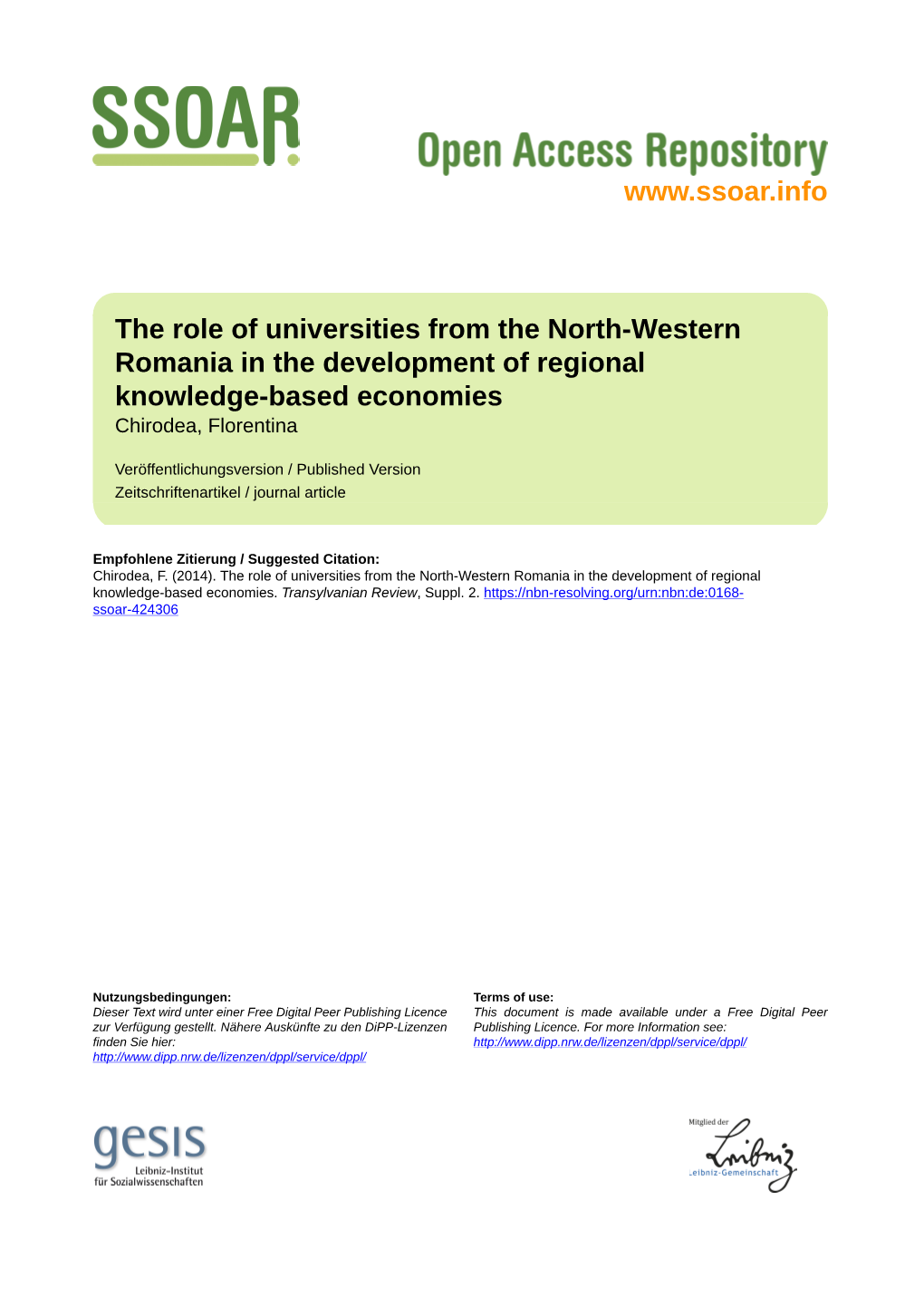 The Role of Universities from the North-Western Romania in the Development of Regional Knowledge-Based Economies Chirodea, Florentina