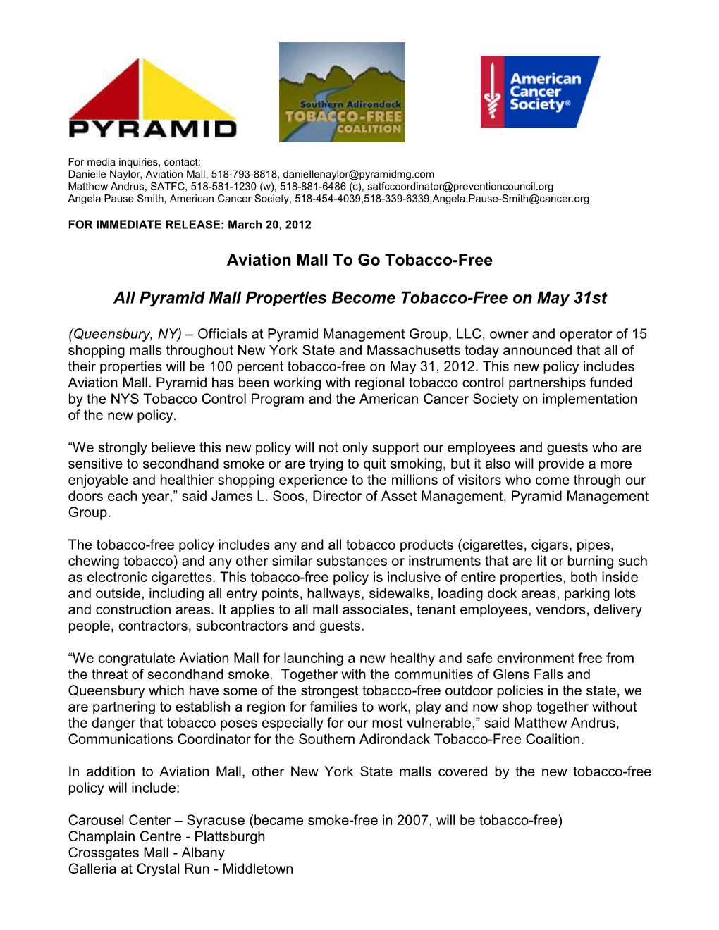 Aviation Mall to Go Tobacco-Free All Pyramid Mall Properties Become
