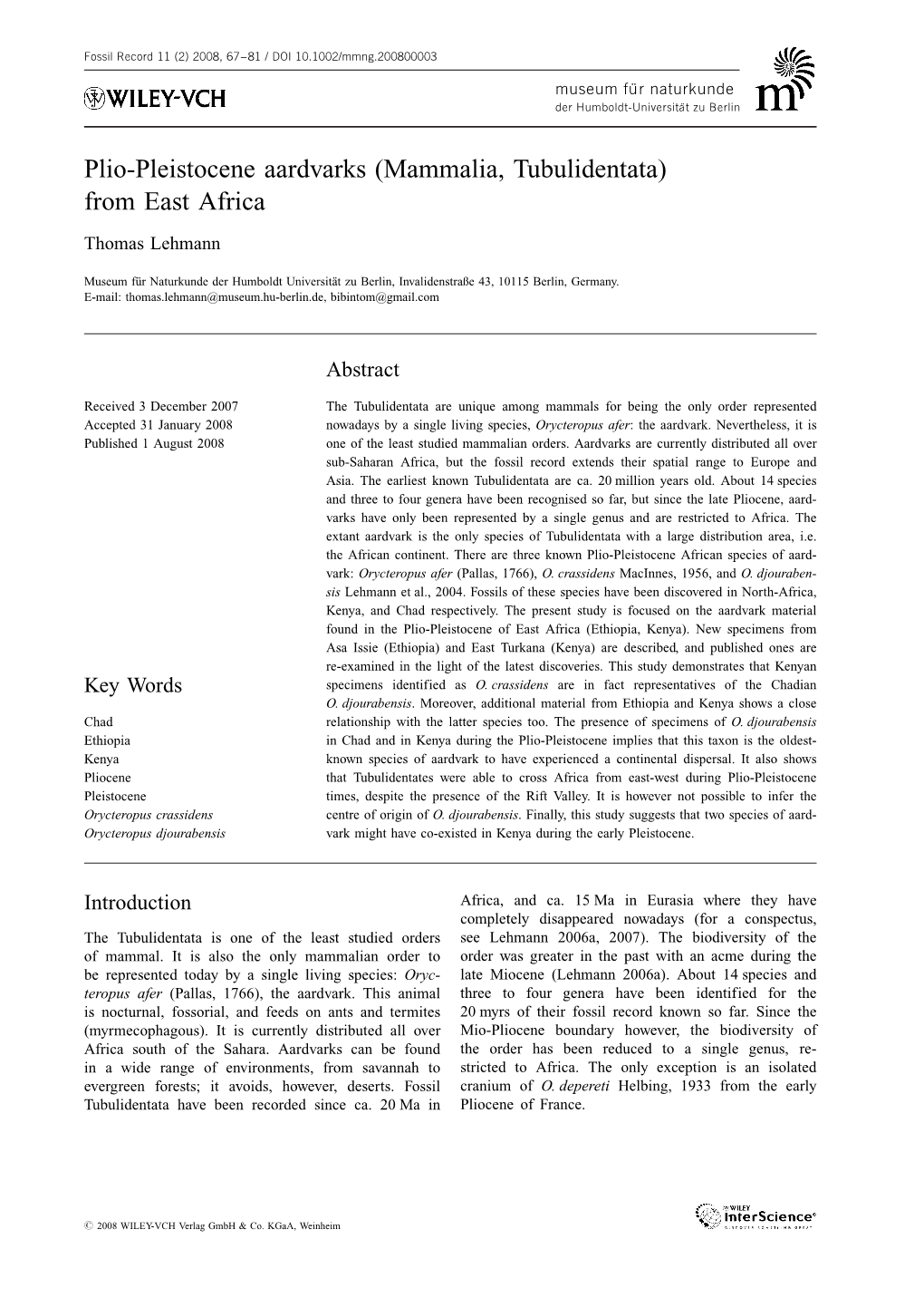 Plio-Pleistocene Aardvarks (Mammalia, Tubulidentata) from East Africa