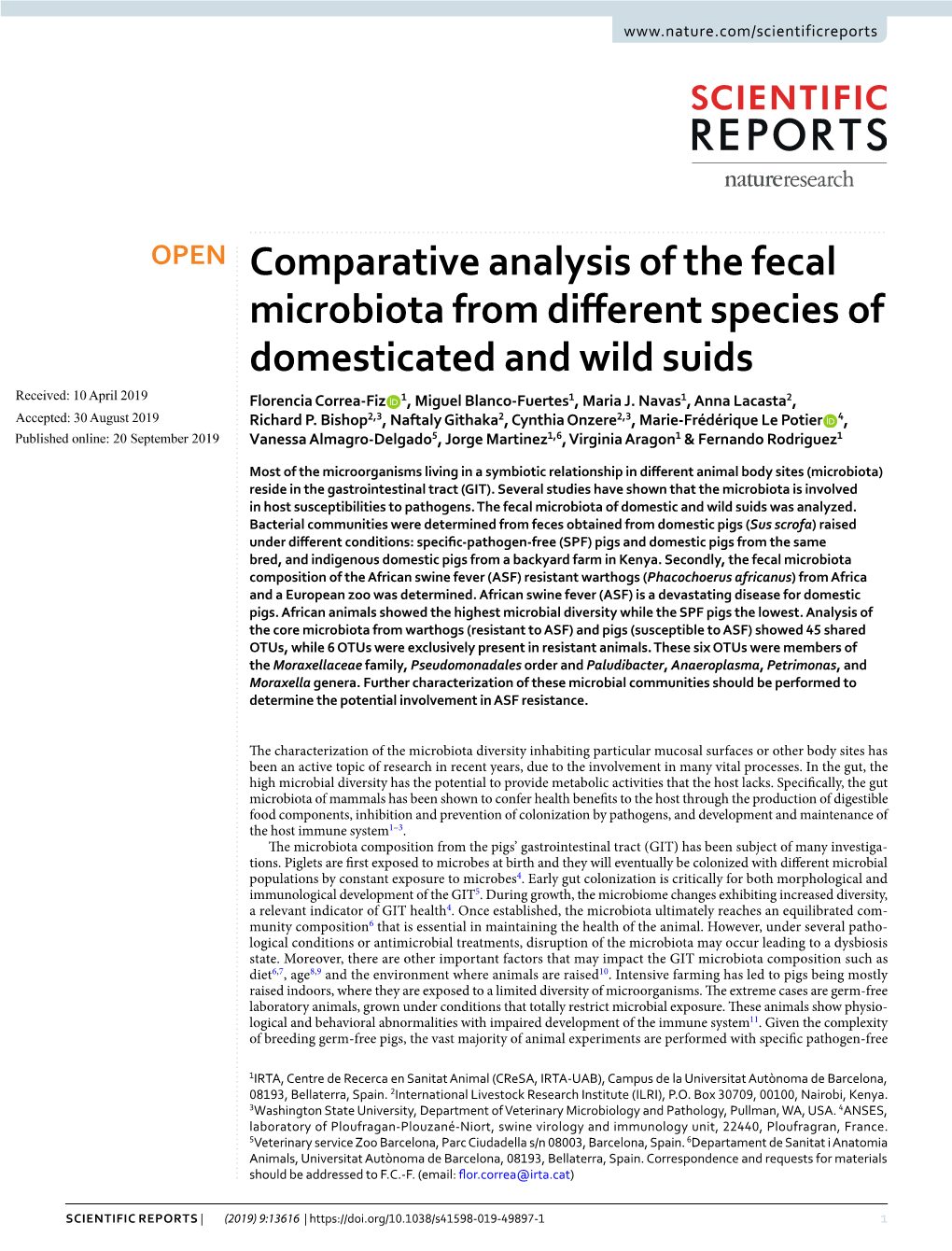 Comparative Analysis of the Fecal Microbiota from Different Species Of