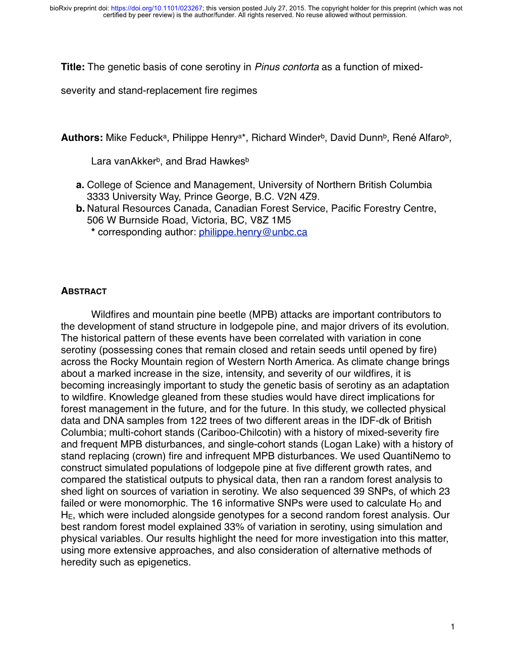 The Genetic Basis of Cone Serotiny in Pinus Contorta As a Function of Mixed-Severity and Stand-Replacement Fire Regimes