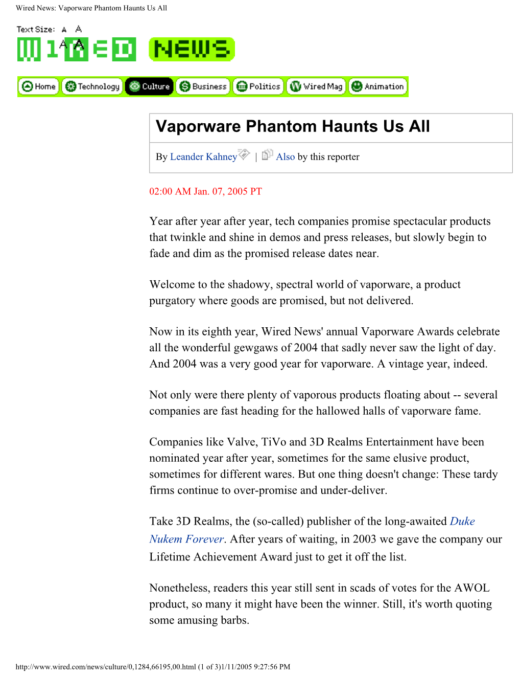 Wired News: Vaporware Phantom Haunts Us All