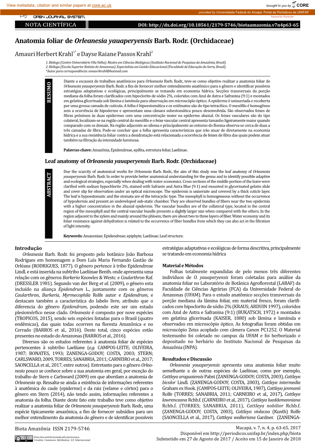 Anatomia Foliar De Orleanesia Yauaperyensis Barb. Rodr