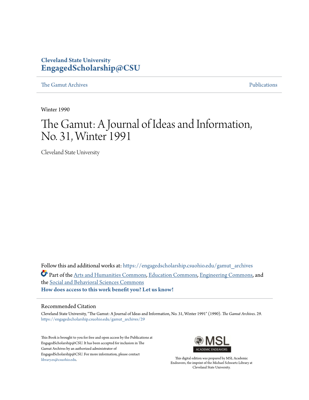 A Journal of Ideas and Information, No. 31, Winter 1991 Cleveland State University