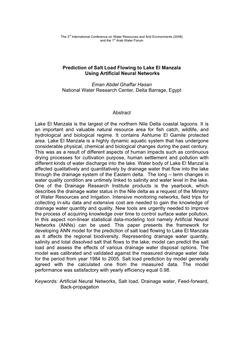 Prediction of Salt Load Flowing to Lake El Manzala Using Artificial Neural Networks