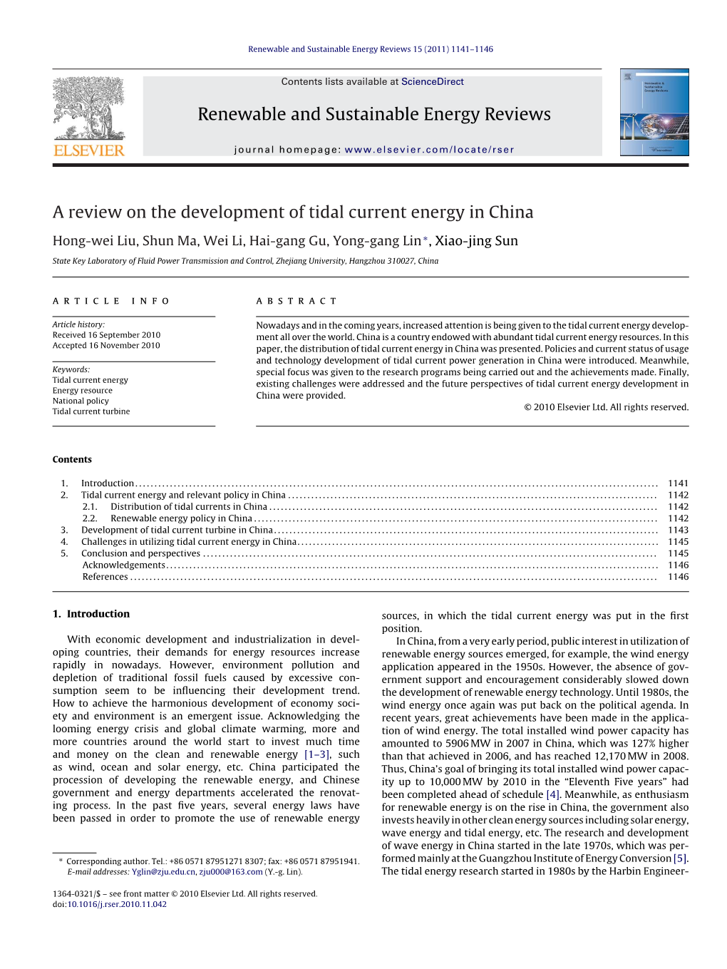 A Review on the Development of Tidal Current Energy in China