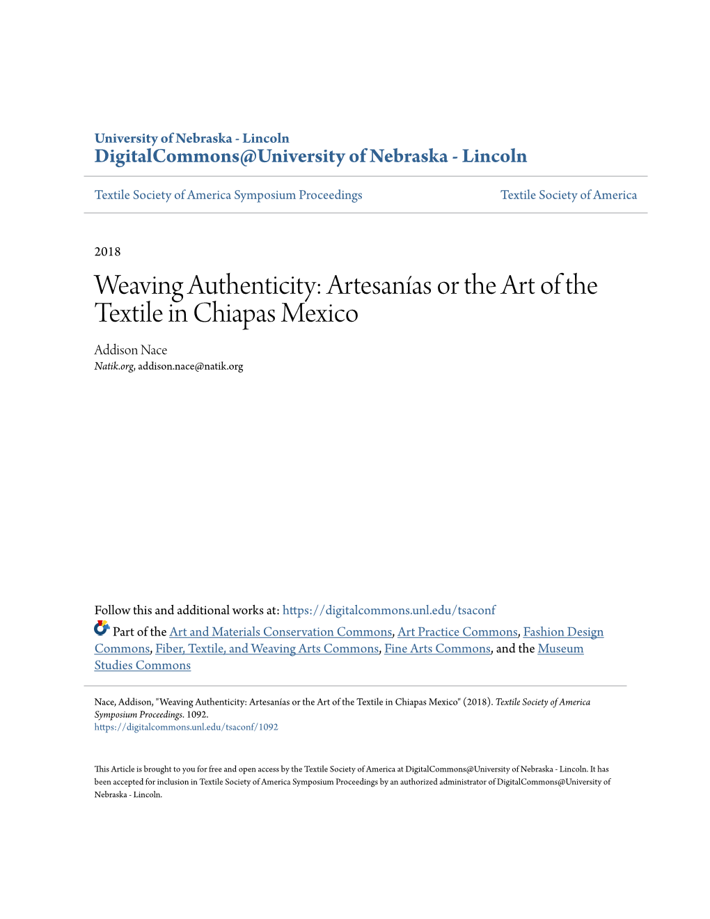 Weaving Authenticity: Artesanías Or the Art of the Textile in Chiapas Mexico Addison Nace Natik.Org, Addison.Nace@Natik.Org