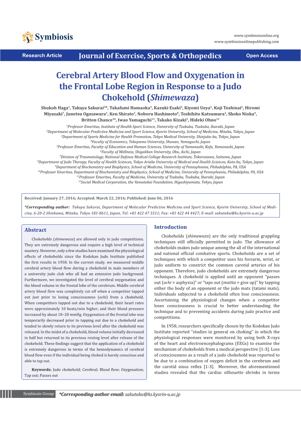 Cerebral Artery Blood Flow and Oxygenation in the Frontal Lobe Region in Response to a Judo Chokehold (Shimewaza)