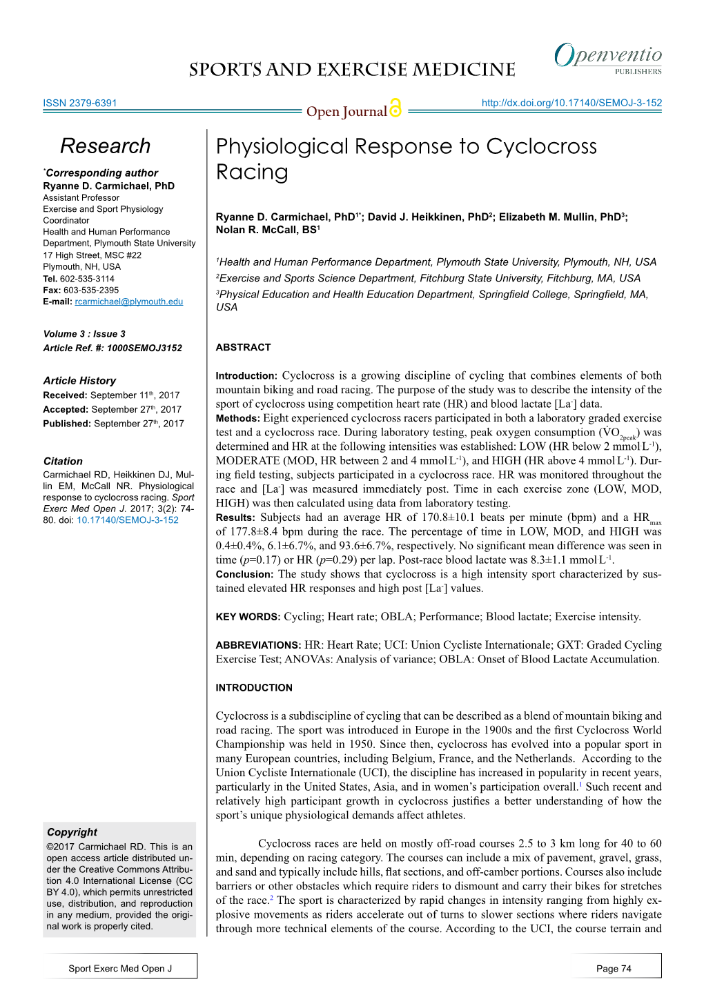 Physiological Response to Cyclocross Racing