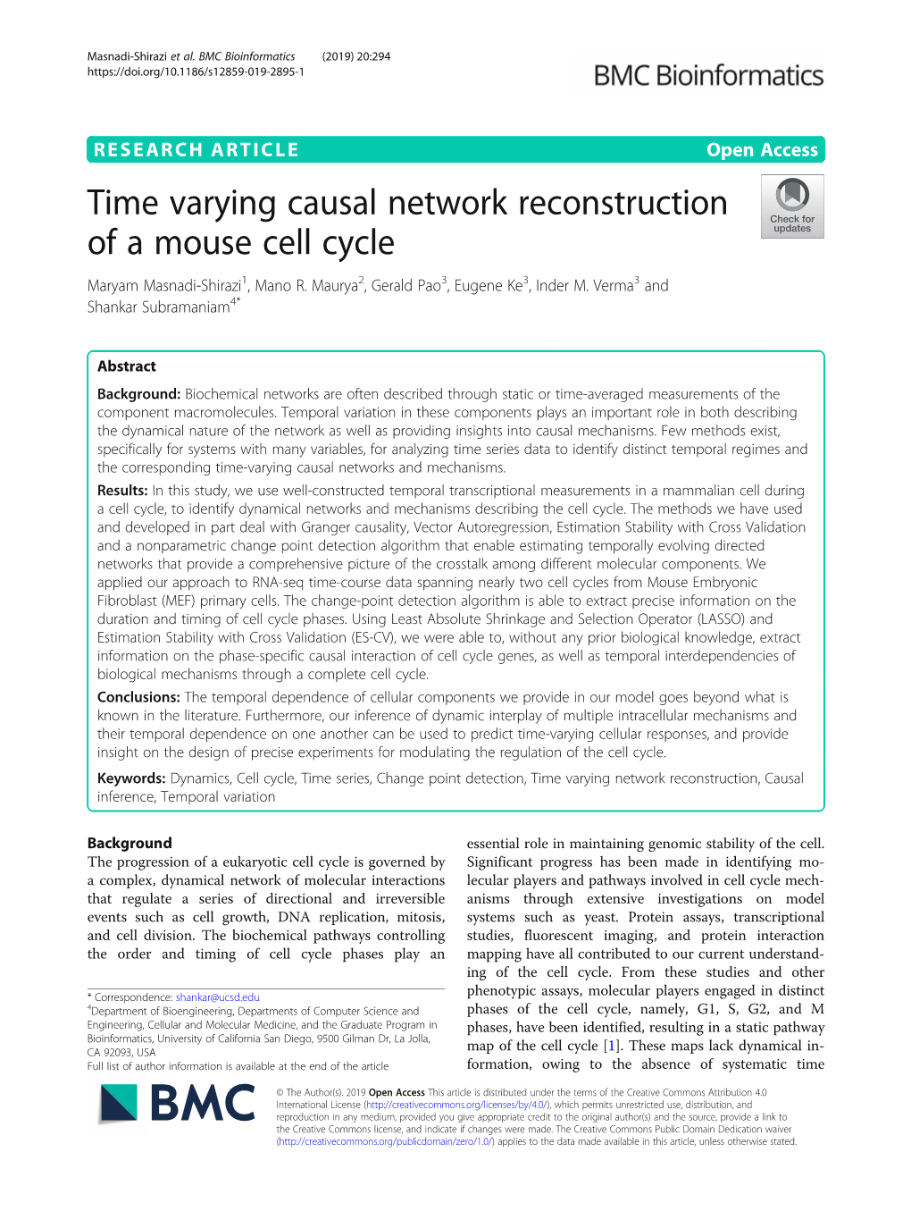 Time Varying Causal Network Reconstruction of a Mouse Cell Cycle Maryam Masnadi-Shirazi1, Mano R