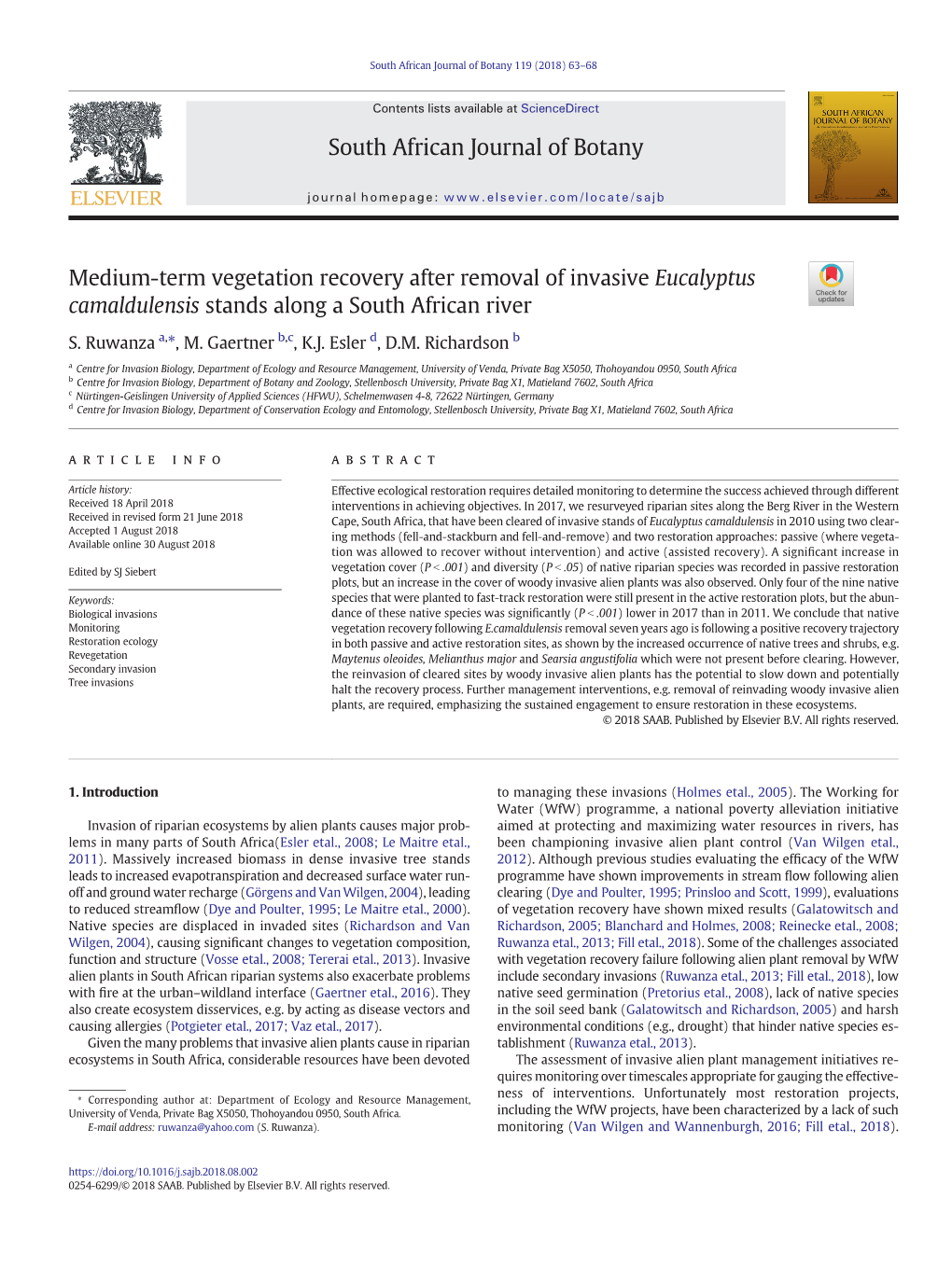 Medium-Term Vegetation Recovery After Removal of Invasive Eucalyptus Camaldulensis Stands Along a South African River