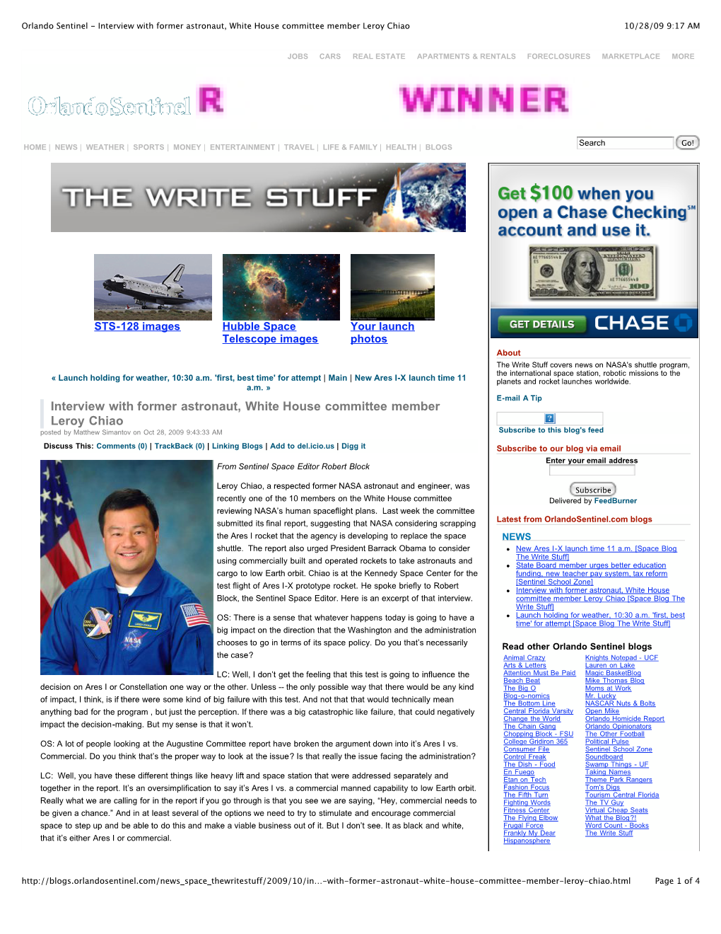Orlando Sentinel - Interview with Former Astronaut, White House Committee Member Leroy Chiao 10/28/09 9:17 AM