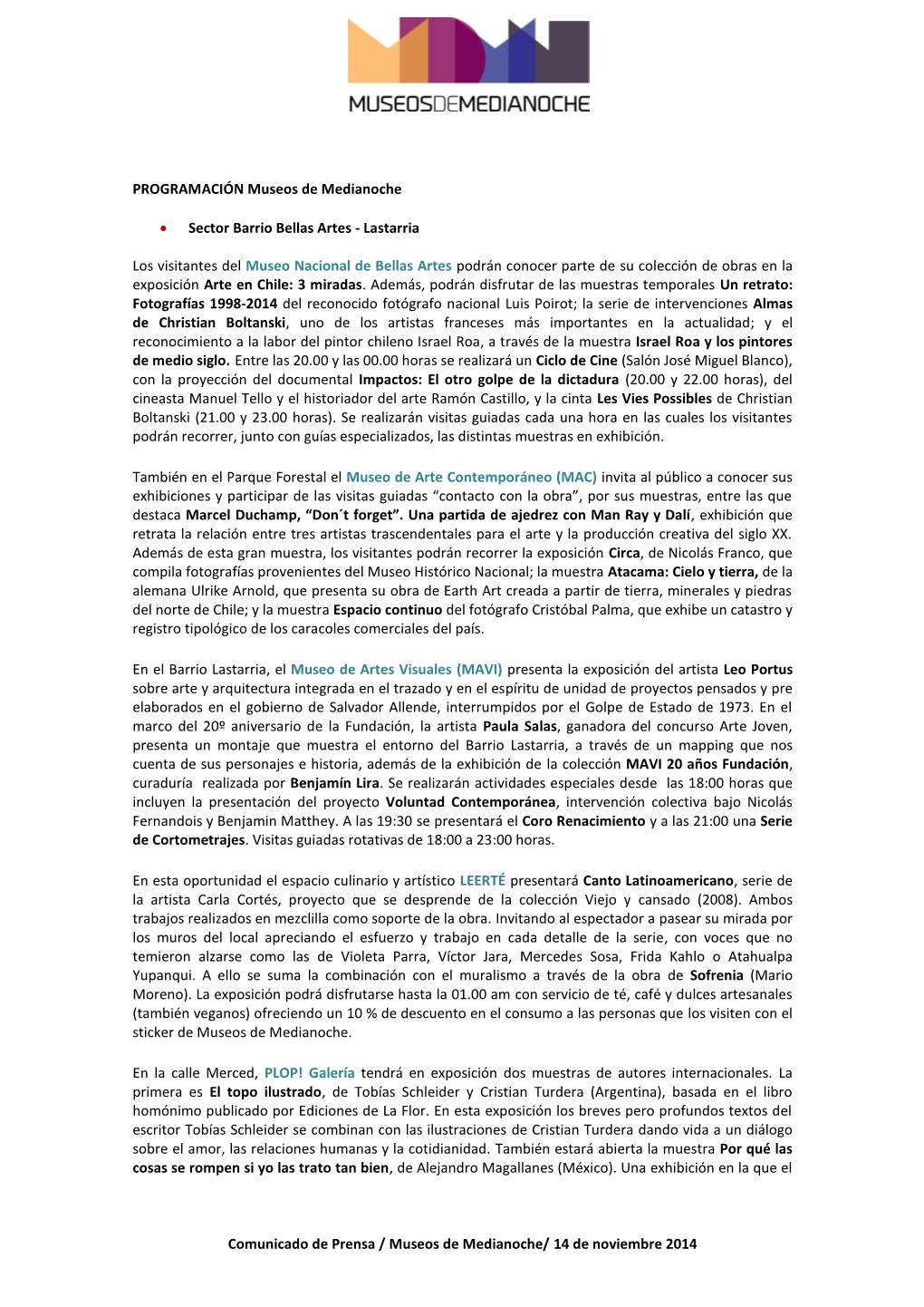 Comunicado De Prensa / Museos De Medianoche/ 14 De Noviembre 2014