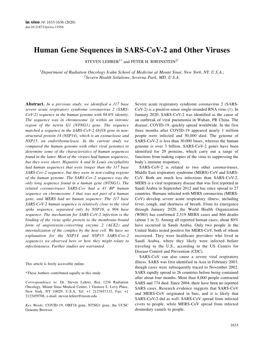 Human Gene Sequences in SARS-Cov-2 and Other Viruses STEVEN LEHRER 1* and PETER H