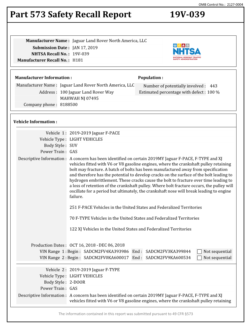 Part 573 Safety Recall Report 19V-039