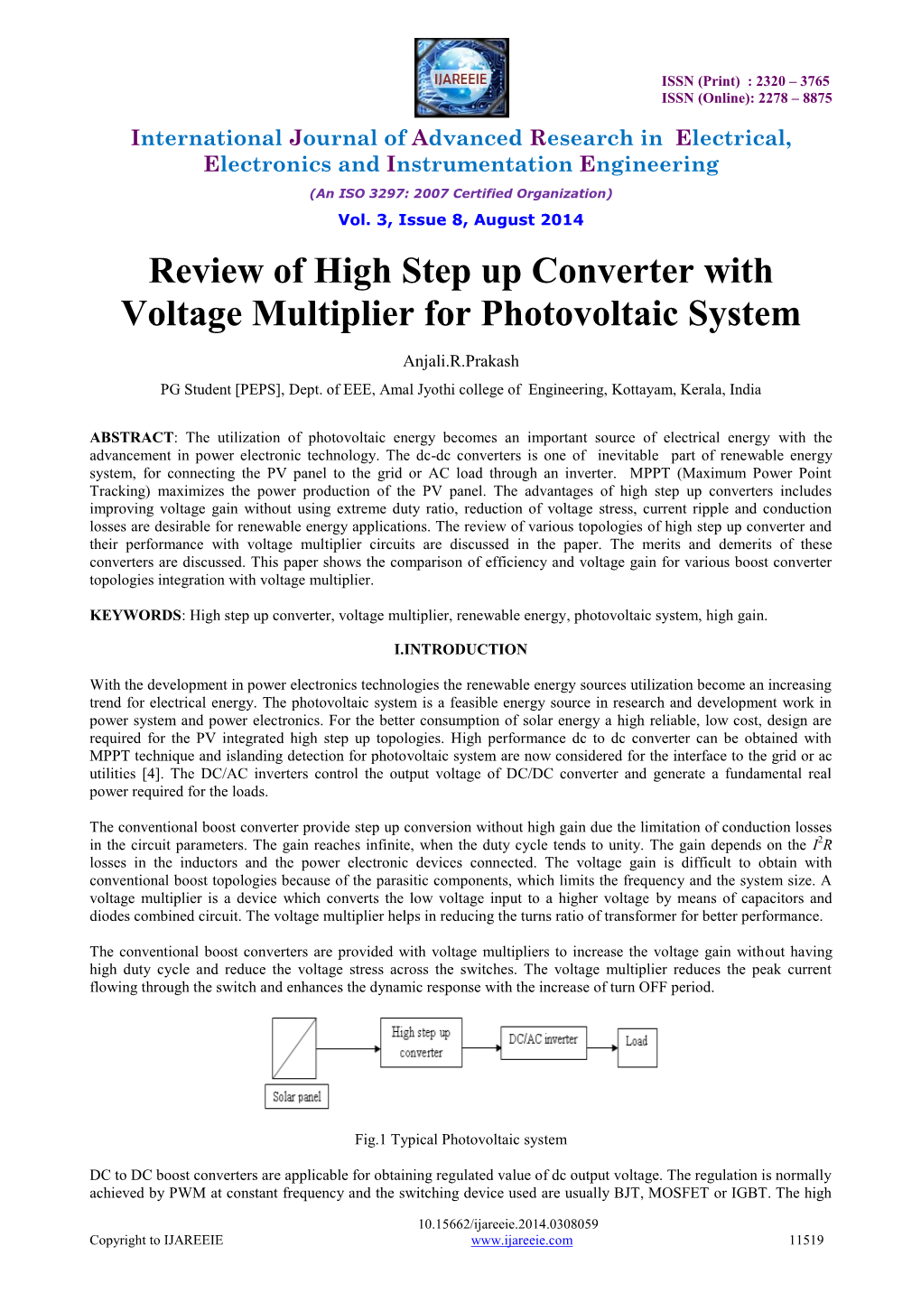 Review of High Step up Converter with Voltage Multiplier for Photovoltaic System
