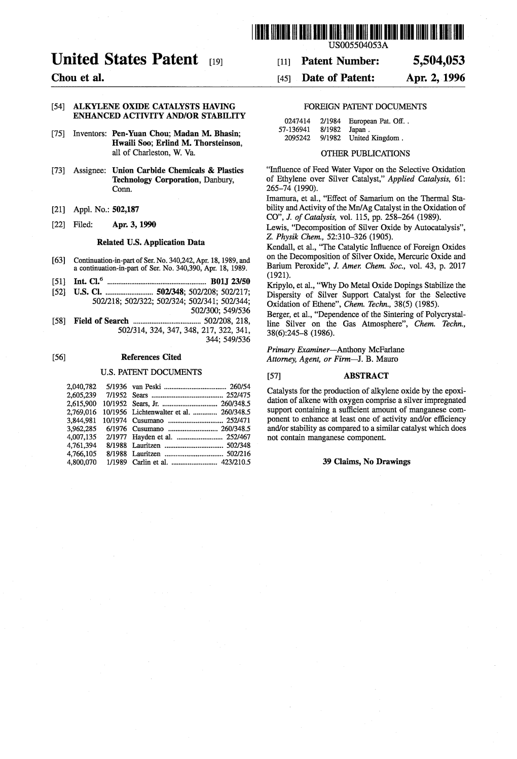 ||||||IIII USOO5504053A United States Patent (19) 11 Patent Number: 5,504,053 Chou Et Al