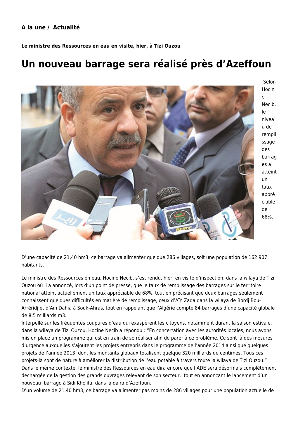Un Nouveau Barrage Sera Réalisé Près D'azeffoun: Toute L'actualité Sur Liberte-Algerie.Com