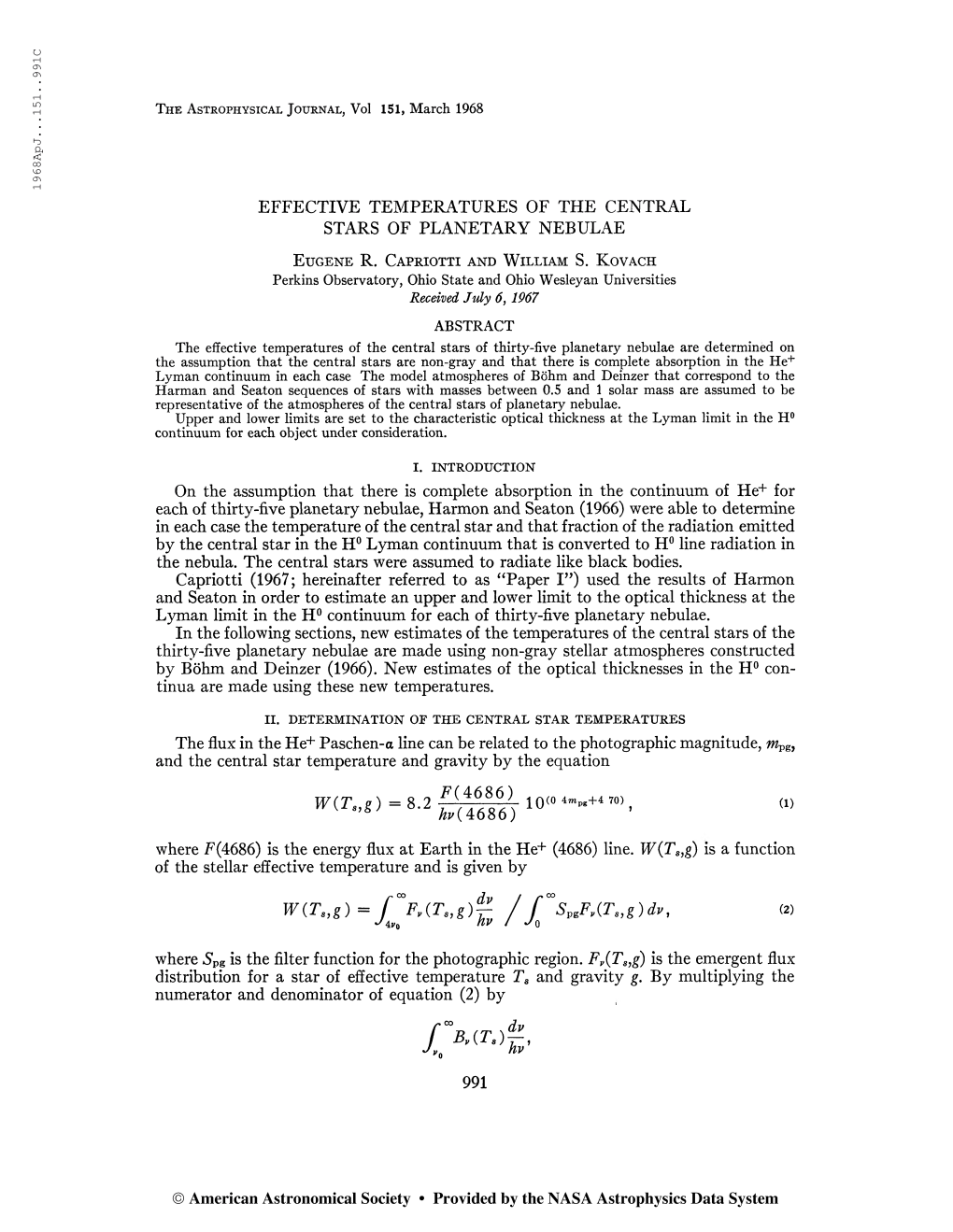 1968Apj. . .151. . 991C the Asteophysical Jouenal, Vol 151, March 1968 EFFECTIVE TEMPERATURES of the CENTRAL STARS of PLANETARY