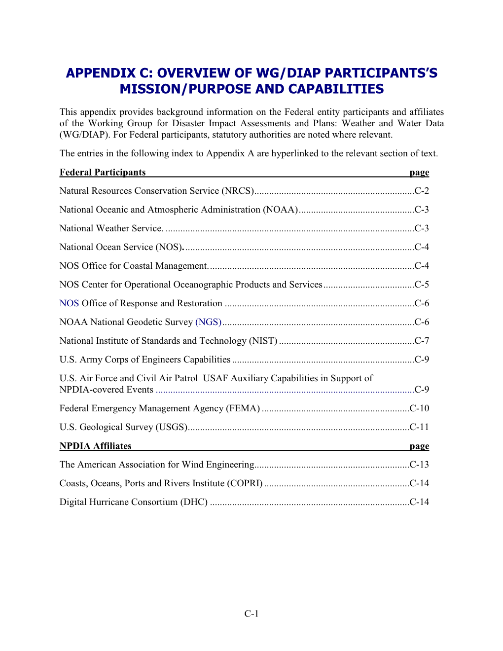 Appendix C: Overview of Wg/Diap Participants’S Mission/Purpose and Capabilities