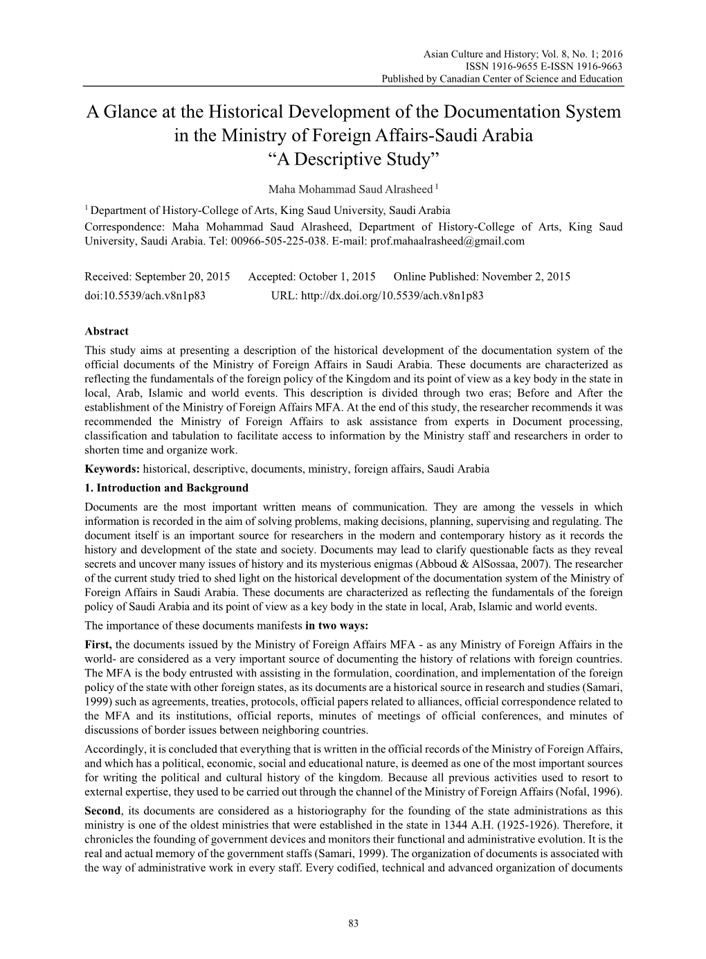 A Glance at the Historical Development of the Documentation System in the Ministry of Foreign Affairs-Saudi Arabia “A Descriptive Study”